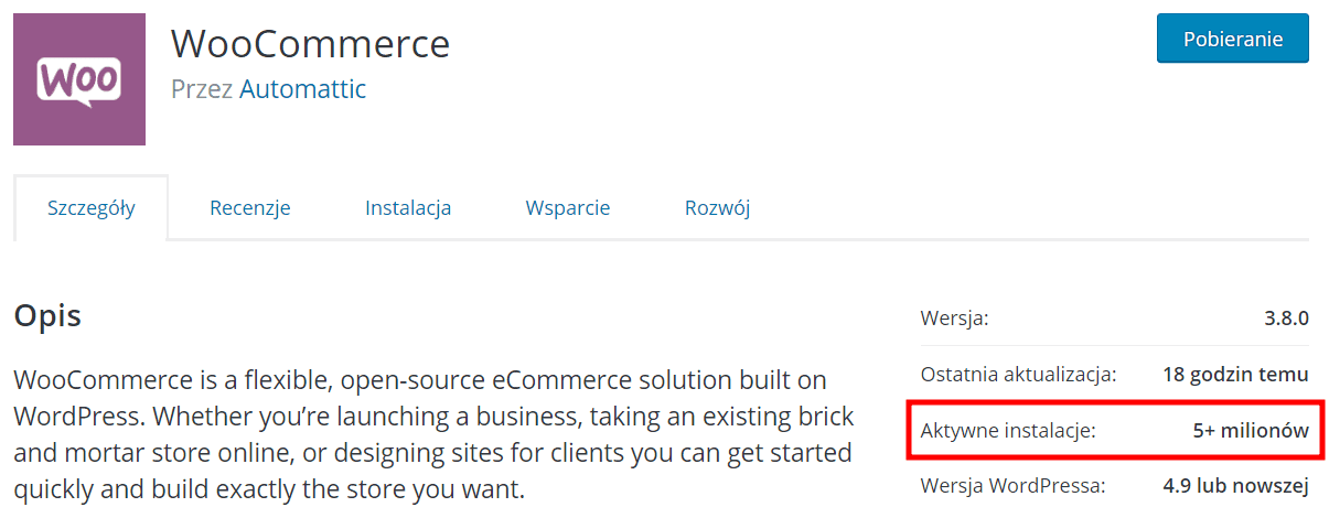 Liczba aktywnych instalacji WooCommerce