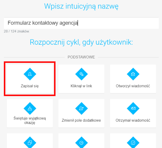 Formularz kontaktowy - marketing automation - wyb&oacute;r wyzwalacza