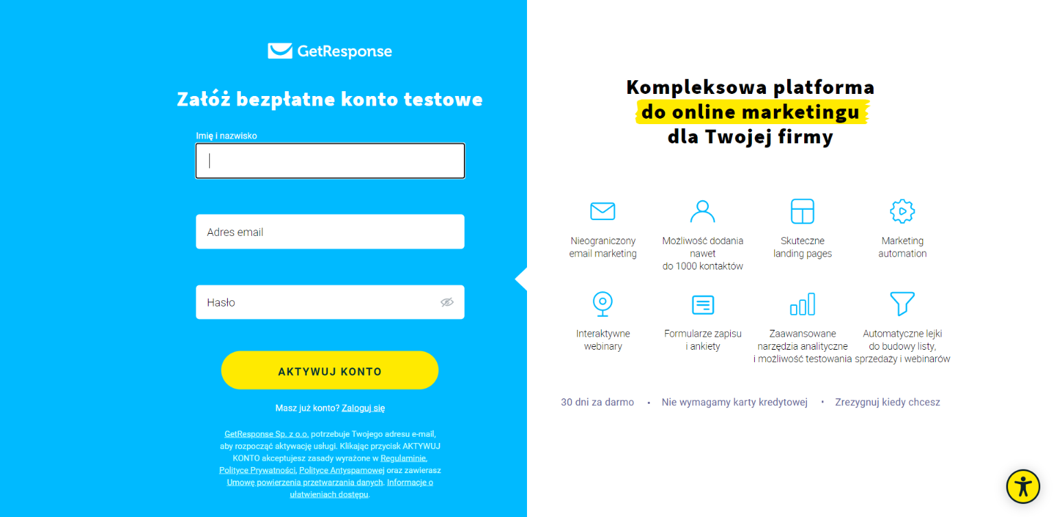 Formularz rejestracji w aplikacji do budowy listy mailingowej