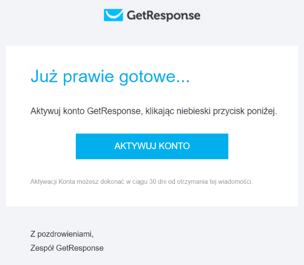 Mail potwierdzający rejestrację w aplikacji do budowy listy mailingowej