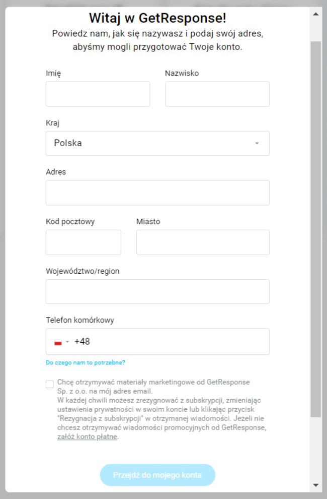 Rejestracja w GetResponse - szczeg&oacute;ły użytkownika