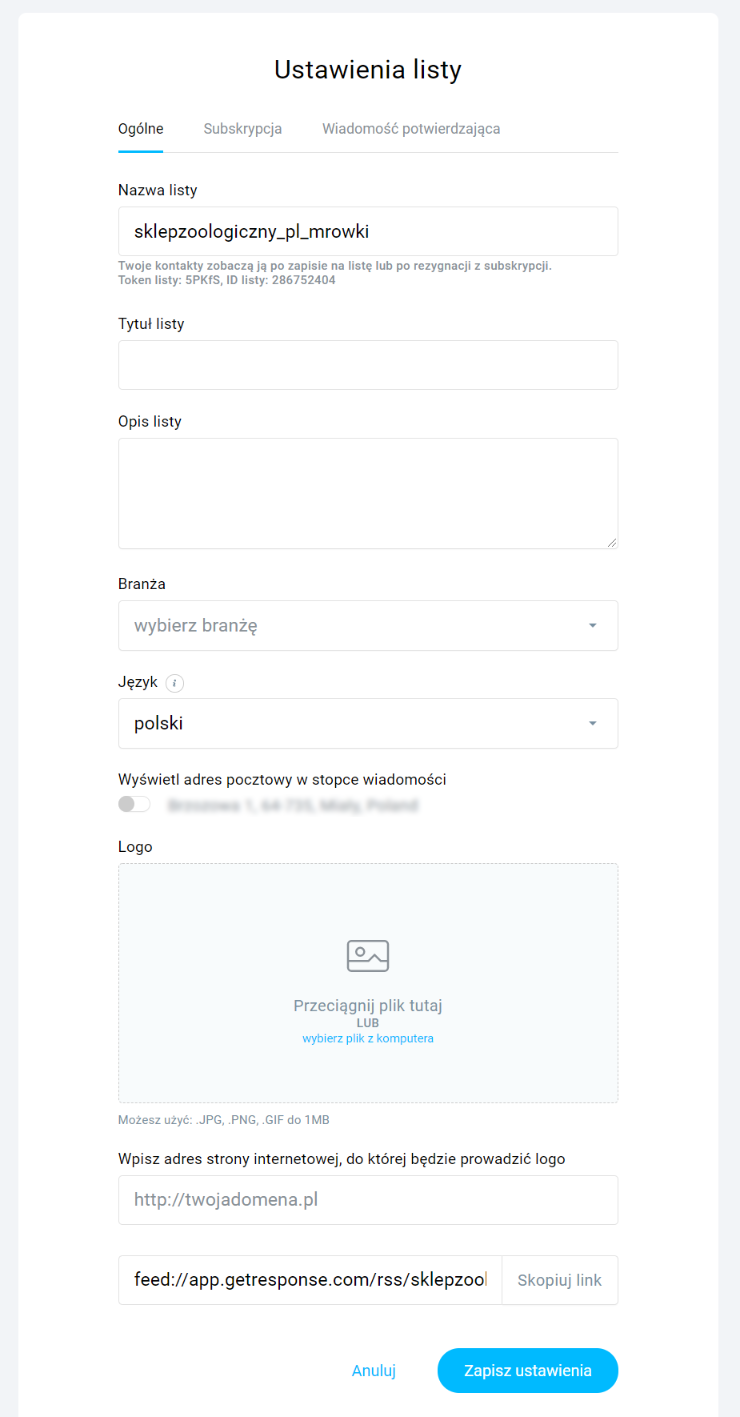 Szczeg&oacute;łowe ustawienia listy mailingowej w GetResponse