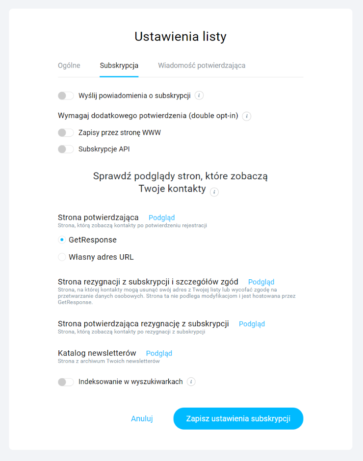 Ustawienia subskrypcji na listę mailingową