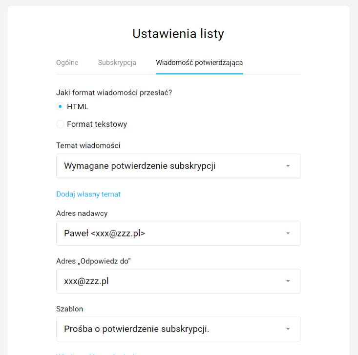 Ustawienia potwierdzenia zapisu na listę mailingową
