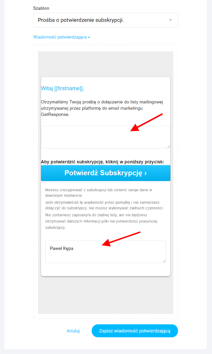 Przykładowy szablon wiadomości potwierdzającej zapis na listę mailingową double opt in
