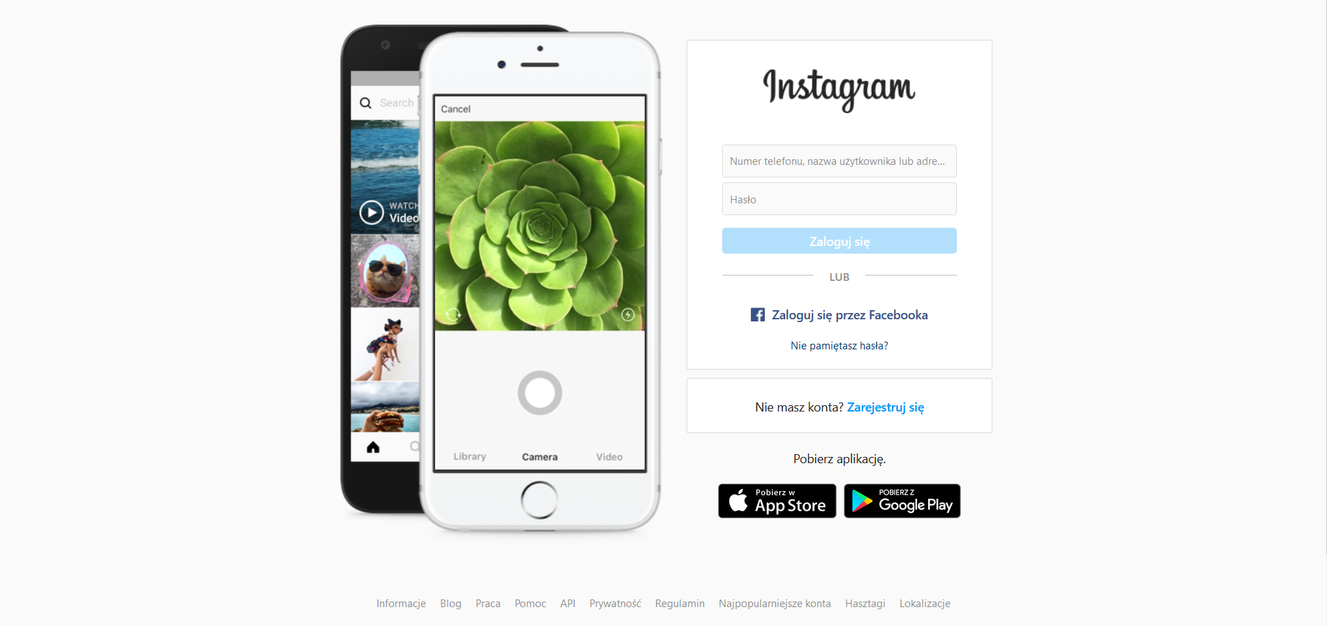 Przykład landing page - Instagram