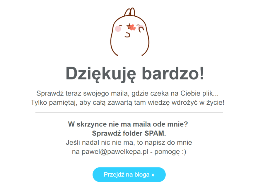 Przykład strony z podziękowaniem za zapis na listę mailingową