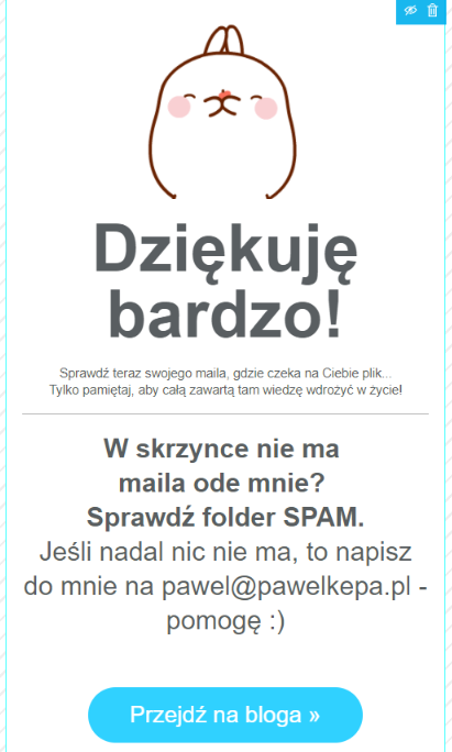 Przykład strony z podziękowaniem za zapis na listę mailingową - wersja mobilna