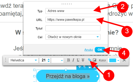 Wstawienie przycisku i linku na stronę z podziękowaniem za zapis na newsletter