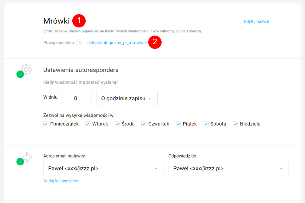 Ustawienia wysyłki autorespondera po zapisie na listę mailingową