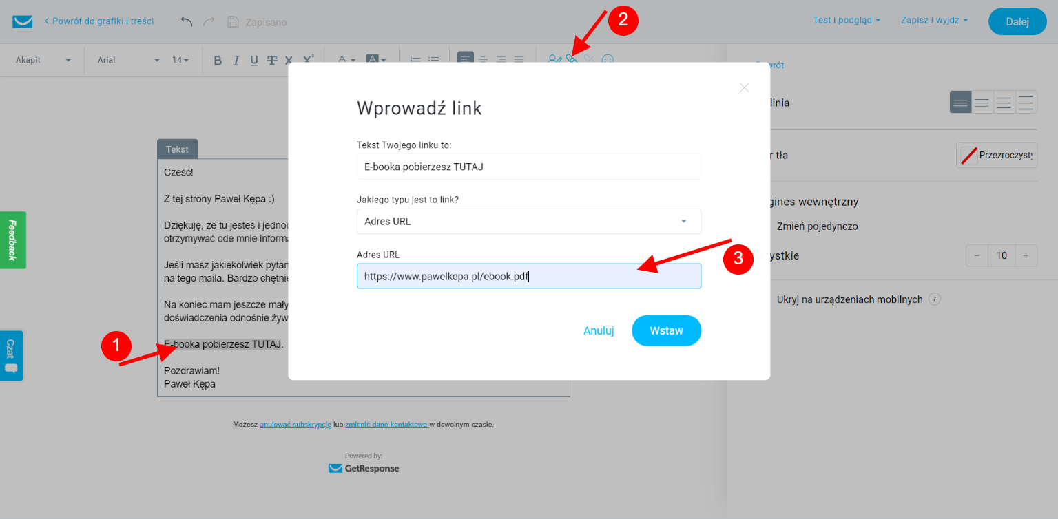 Wstawienie linka do ebooka w wiadomości powitalnej autorespondera po zapisie na listę mailingową