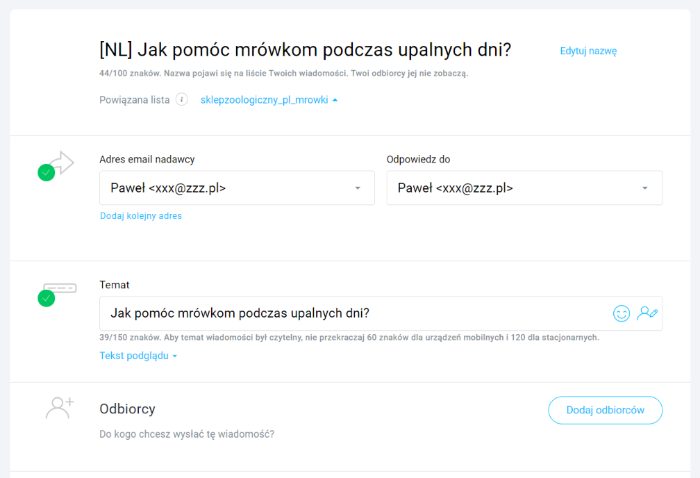 Ustawienia nadawcy, odbiorc&oacute;w i tematu newslettera