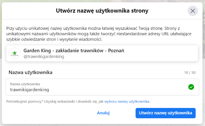 Tworzenie nazwy użytkownika i adresu URL dla fanpage
