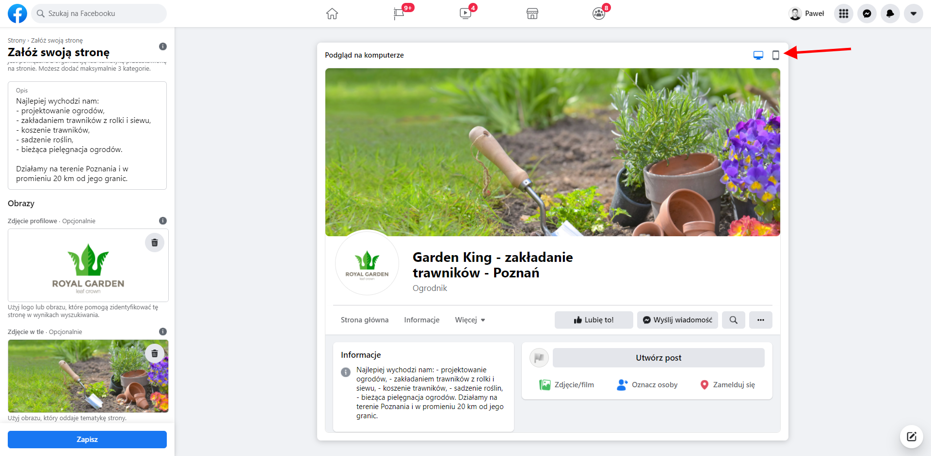 Podgląd edycji fanpage w kreatorze stron