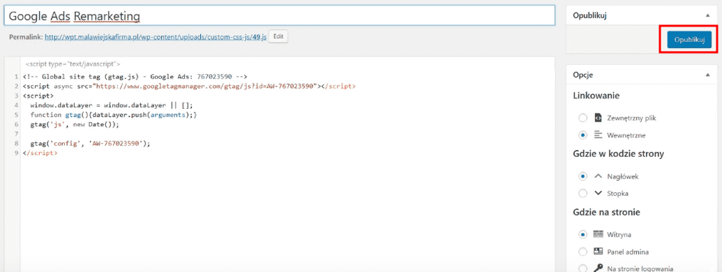 Kod remarketingowy Google - wstawienie do WordPress