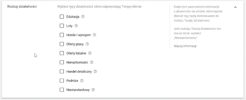 Kod remarketingowy Google - rodzaj działalności