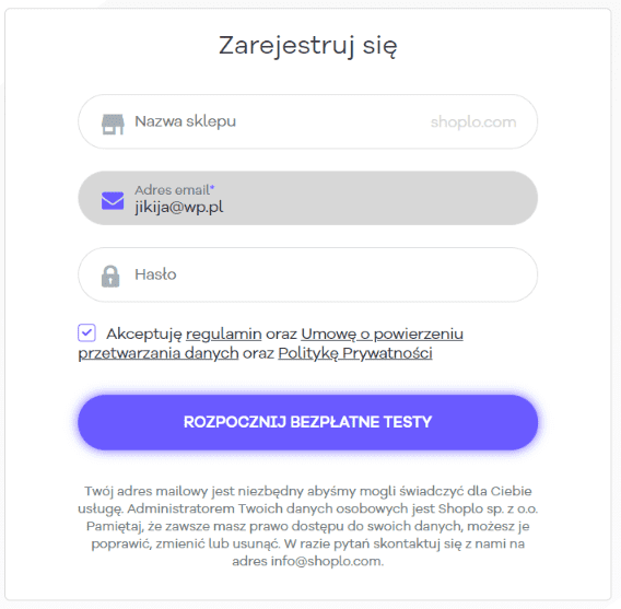 Formularz rejestracji sklepu w Shoplo