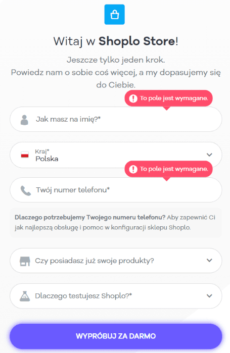 Formularz rejestracji sklepu w Shoplo - krok 2