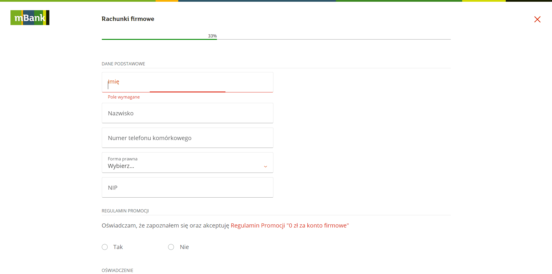 Zakładanie konta firmowego mBank - krok 2