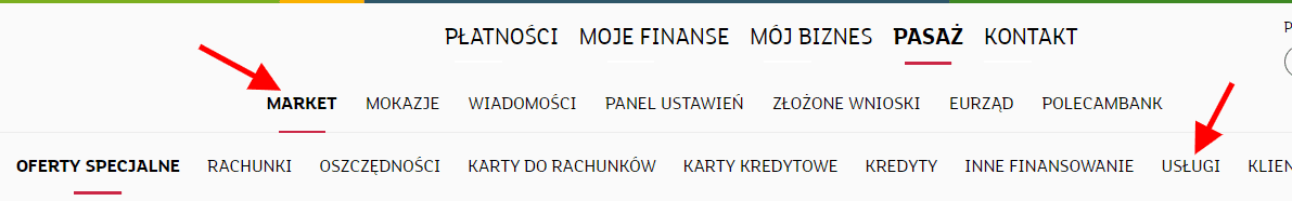 mBank - menu usługi