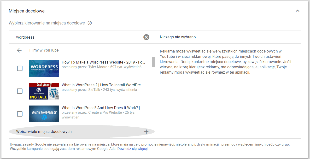 Targetowanie reklam na YouTube wg miejsca docelowego
