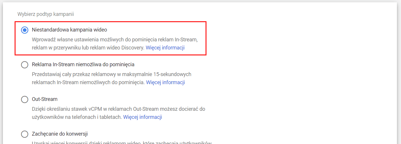 Podtyp kampanii reklamowej na YouTube