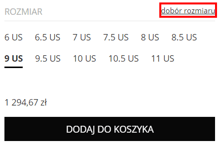 Dob&oacute;r rozmiaru w sklepie internetowym - przykład
