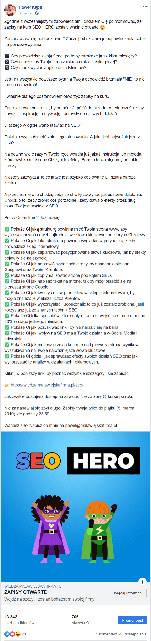 Reklama na Facebooku - sprzedaż kursu online