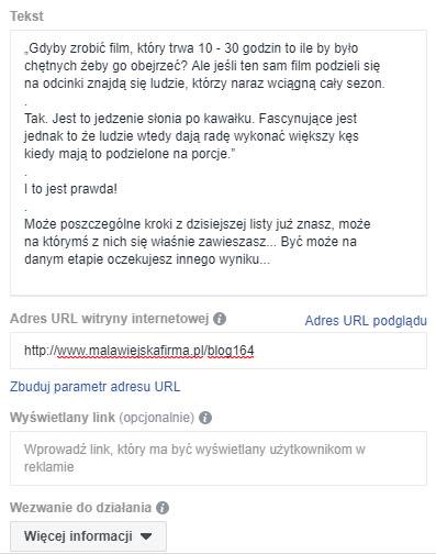 Tekst reklamy na Instagramie
