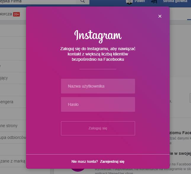 Logowanie na Instagrama z poziomu Facebooka