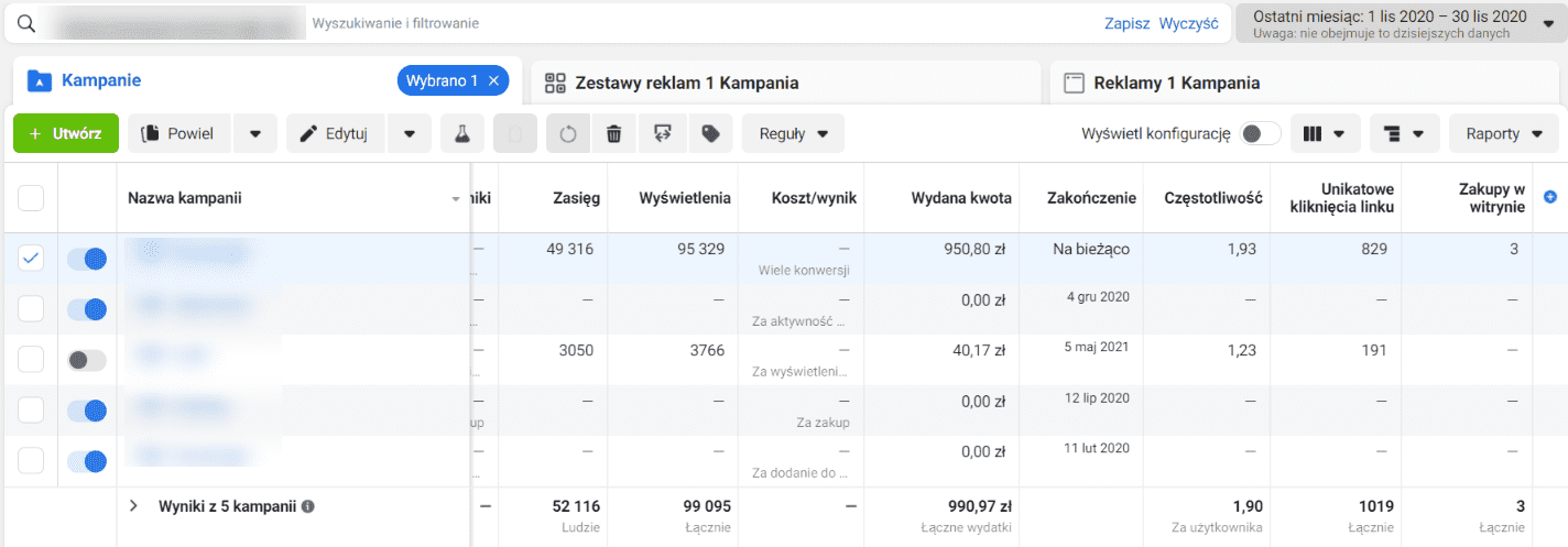 Reklamy sklepu internetowego na Facebooku - listopad 2020