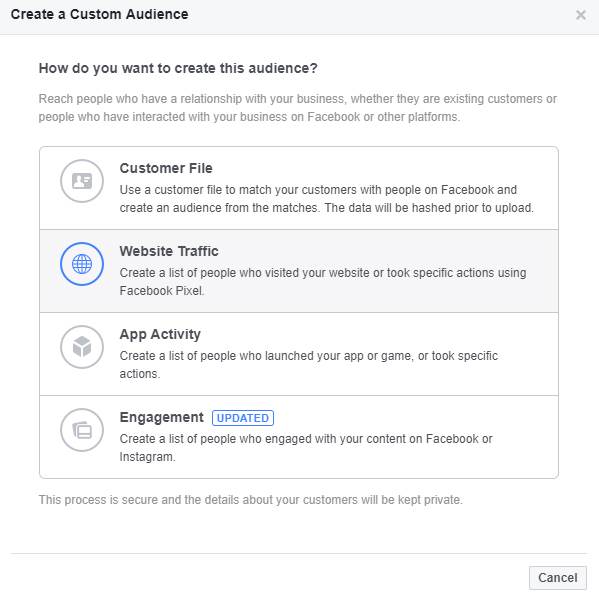 Tworzenie grupy odbiorców niestandardowych na Facebooku na podstawie ruchu w witrynie