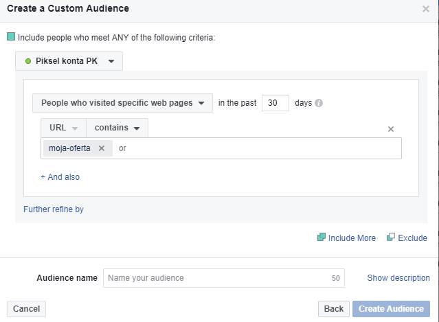 Remarketing na Facebooku - tworzenie grupy osób, które odwiedziły konkretną zakładkę na Twojej stronie