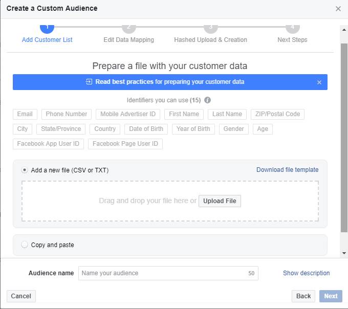 Tworzenie grupy odbiorców niestandardowych na Facebooku na podstawie adresów email - krok 2