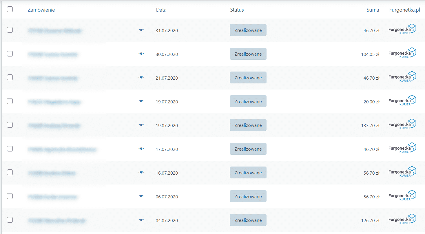 Lista zam&oacute;wień w sklepie - miesiąc 7 - lipiec 2020
