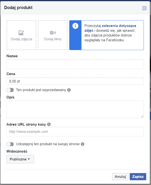 Dodawanie produktu w sklepie na Facebooku