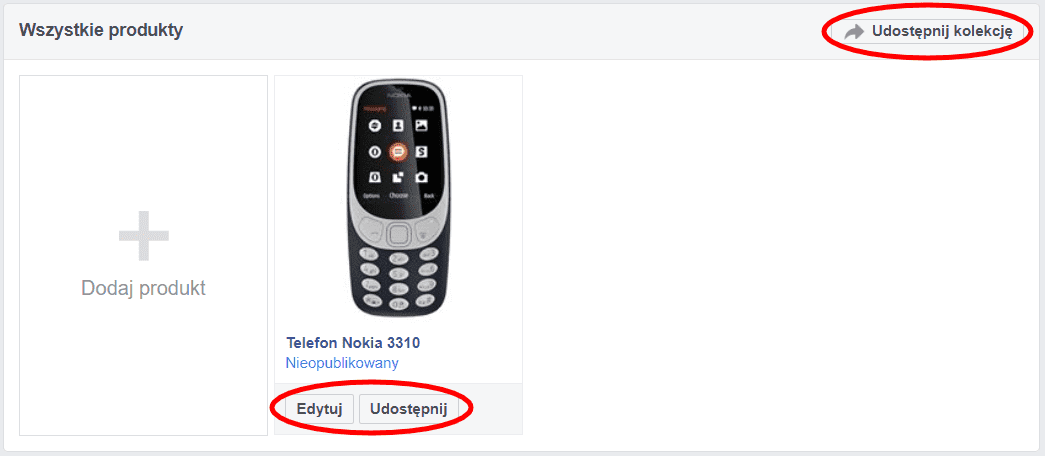 Sklep na Facebooku - produkty
