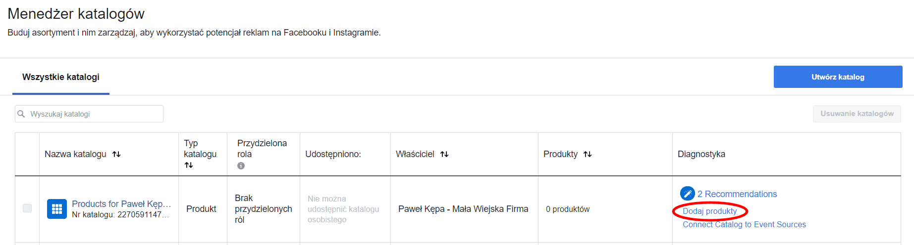 Dodawanie produktów do katalogu na Facebooku