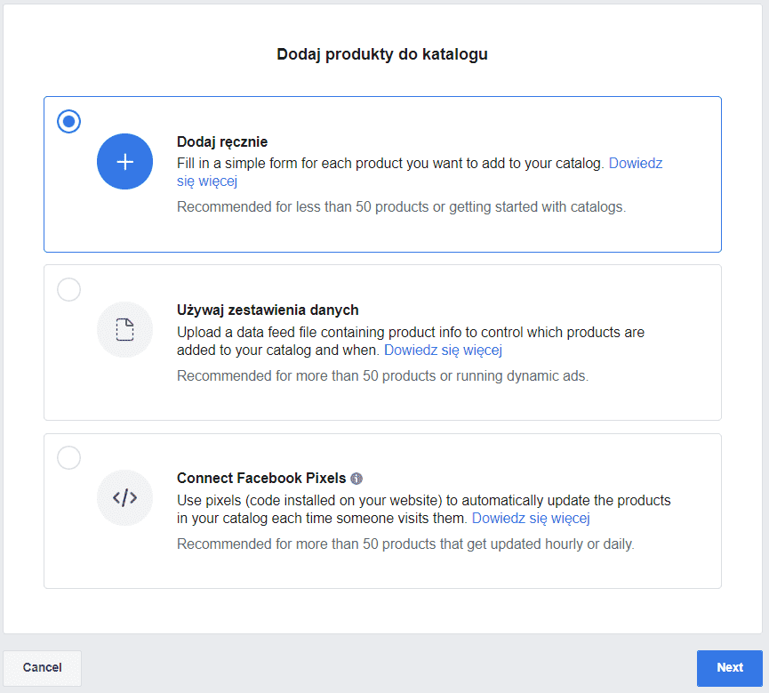 Opcje dodawanie produktów w katalogu na Facebooku