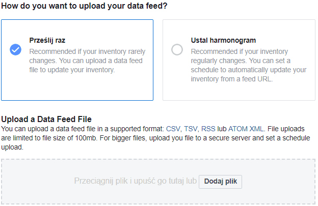Dodanie produktów na FB z pliku CSV