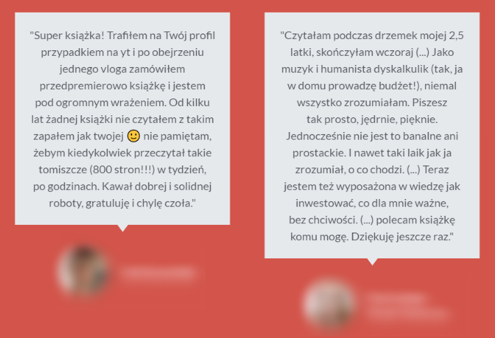 Social proof listy mailingowej - przykład 2 - opinie klient&oacute;w