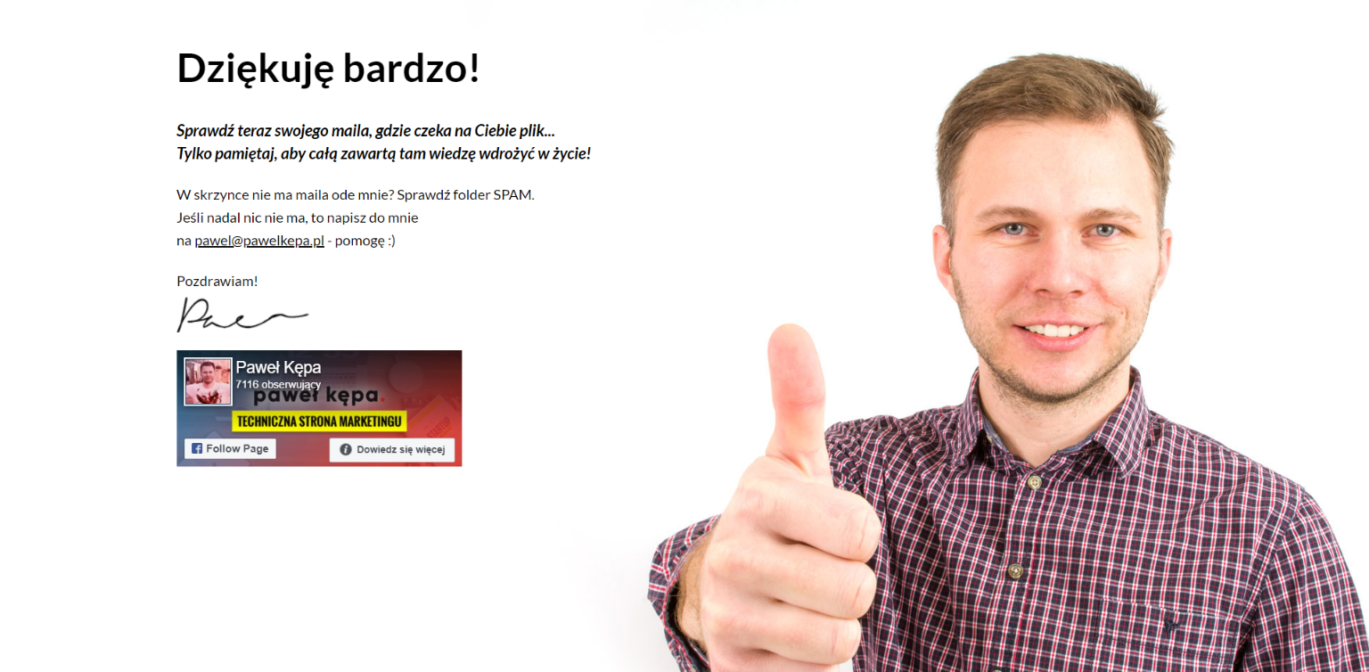 Przykład strony potwierdzającej zapis na listę mailingową (thank you page)