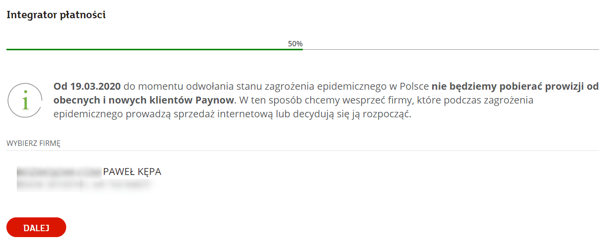 Wniosek o płatności online Paynow - krok 1