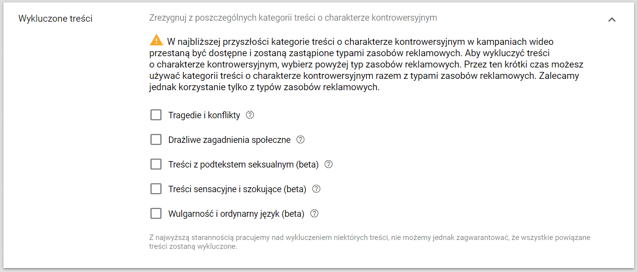 Wykluczone treści reklamowe na YouTube