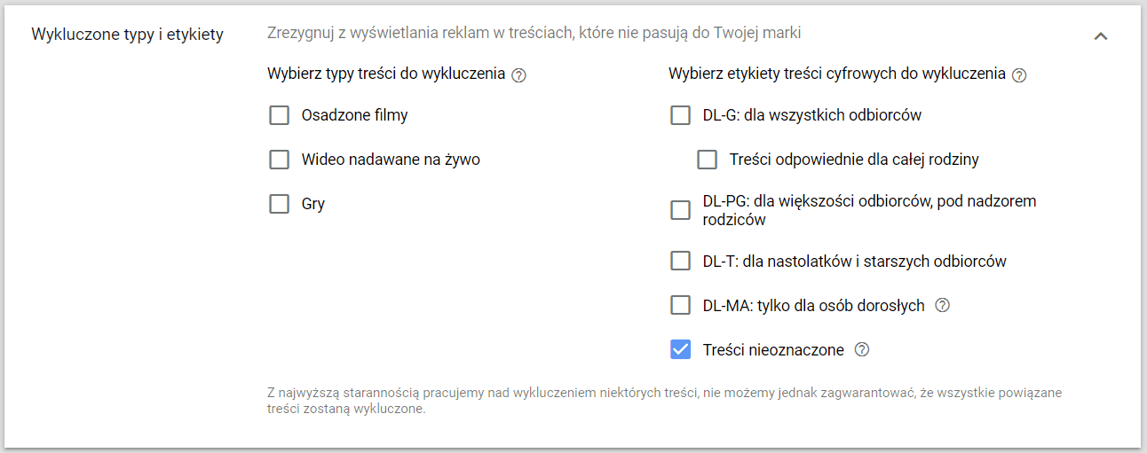 Wykluczone typy reklamowe na YouTube