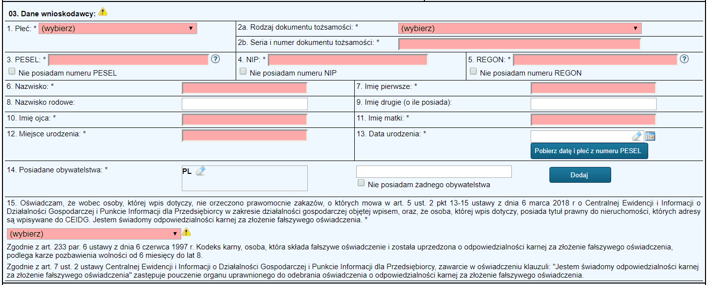 Jednoosobowa działalność gospodarcza - formularz - krok 2
