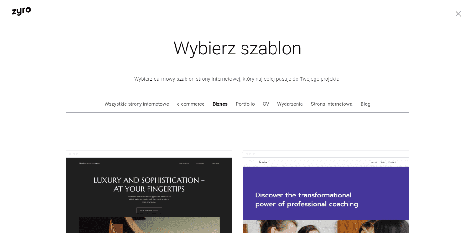 Szablony w kreatorze Zyro