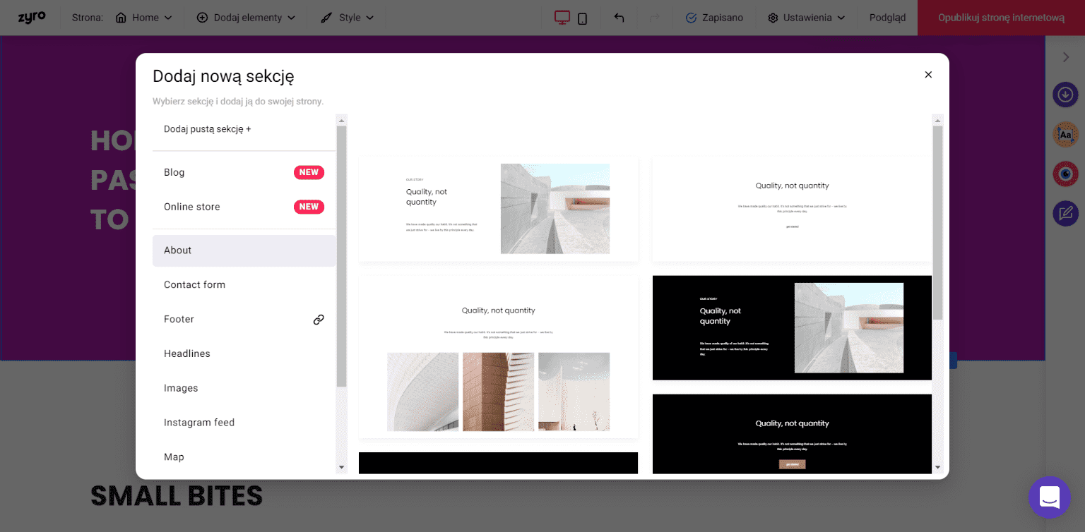 Nowa sekcja w kreatorze Zyro
