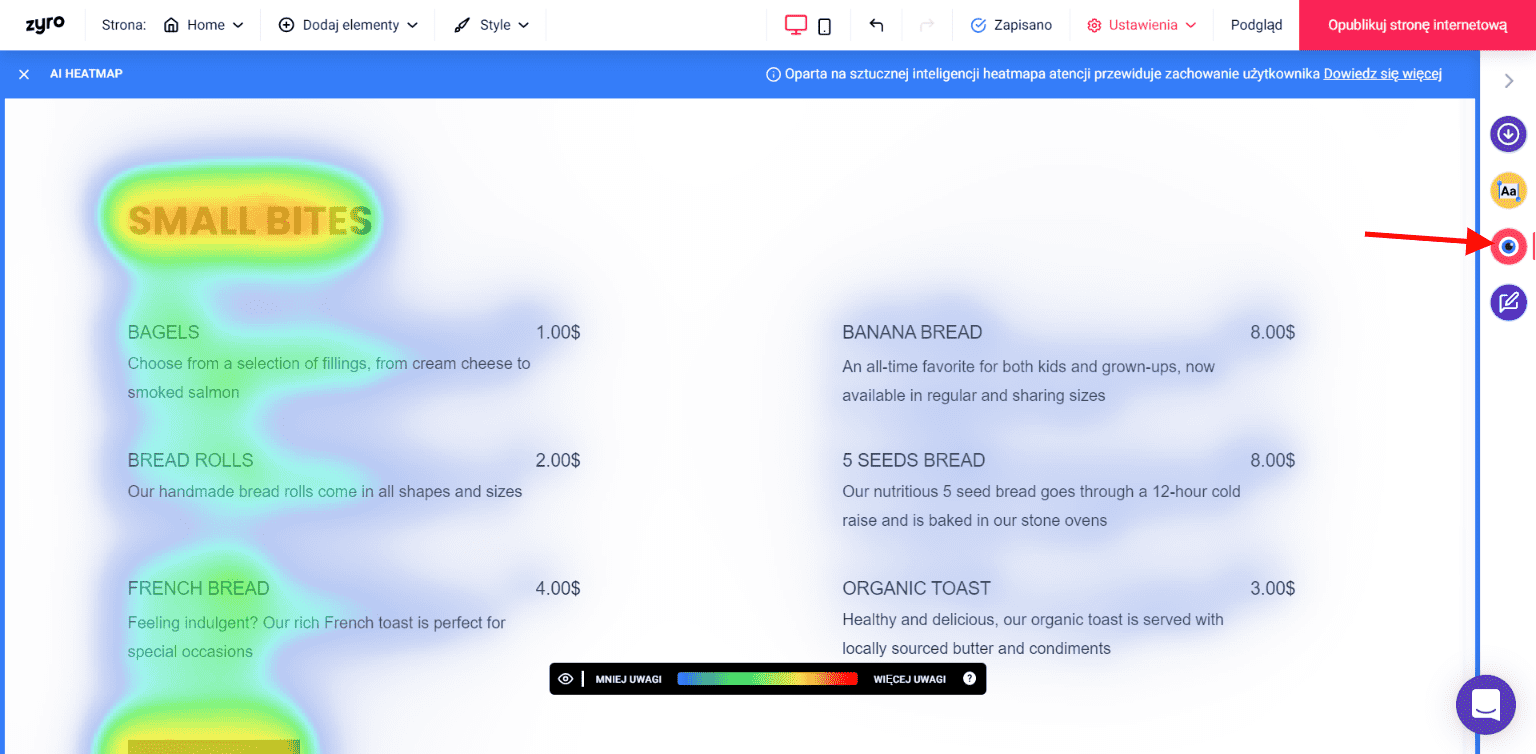 AI Heatmap w kreatorze Zyro