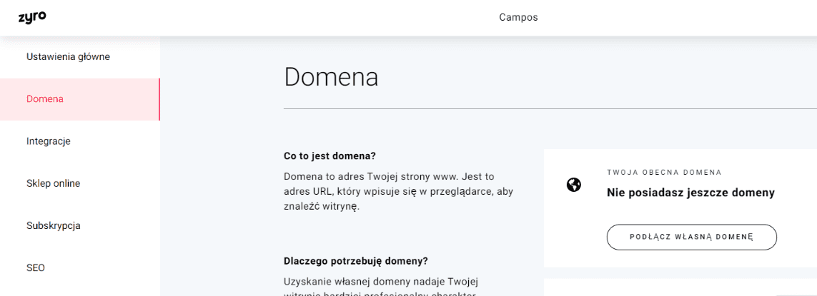 Podpięcie domeny w kreatorze Zyro